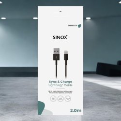 Sinox One Lightning kabel. 2,0 meter "Sort"