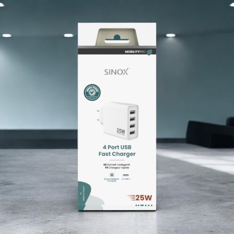 Sinox PRO 230V 4xUSB-A oplader 25w "Hvid"